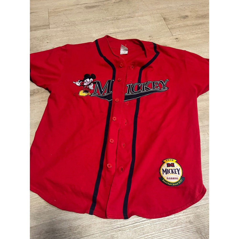 Mickey Mouse Baseball Jersey Red Mens Sz L Embroidered Button Up Vtg